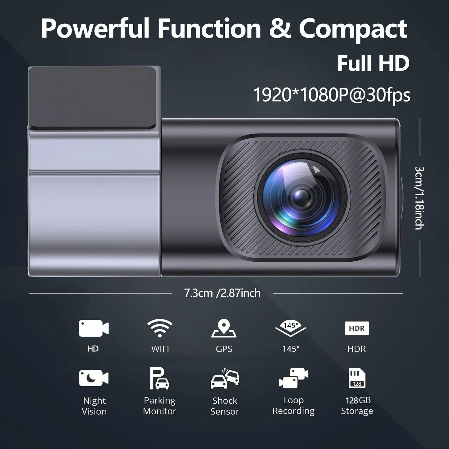 Ultra Slim 1080P FHD Dashcam for Cars, Car Driving Recorder with Wi-Fi App Control, Night Vision, 24-Hour Parking Mode, Loop Recording, G Sensor, 145-Degree Wide Angle, HDR, 128GB Support, Compact Mini for Trucks, Road Safety, Camera Accessories