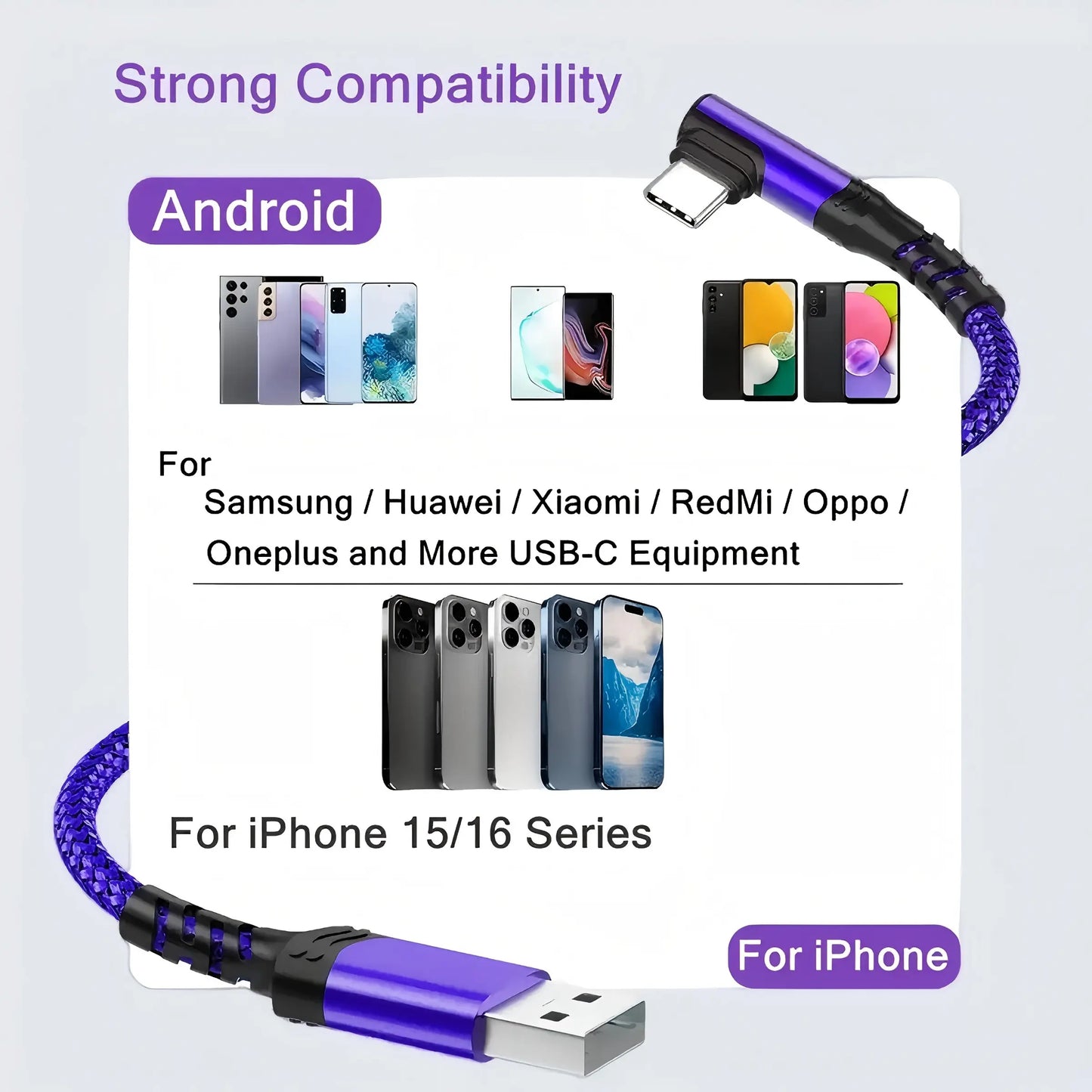 90-Degree USB-C Cable, USB-A to USB-C Right Angle Durable Nylon-Braided Fast Charging Cable for Iphone 16 Pro Max, Samsung Galaxy S24 Ultra and Ipad Air 6, Portable Type-C Charging Line