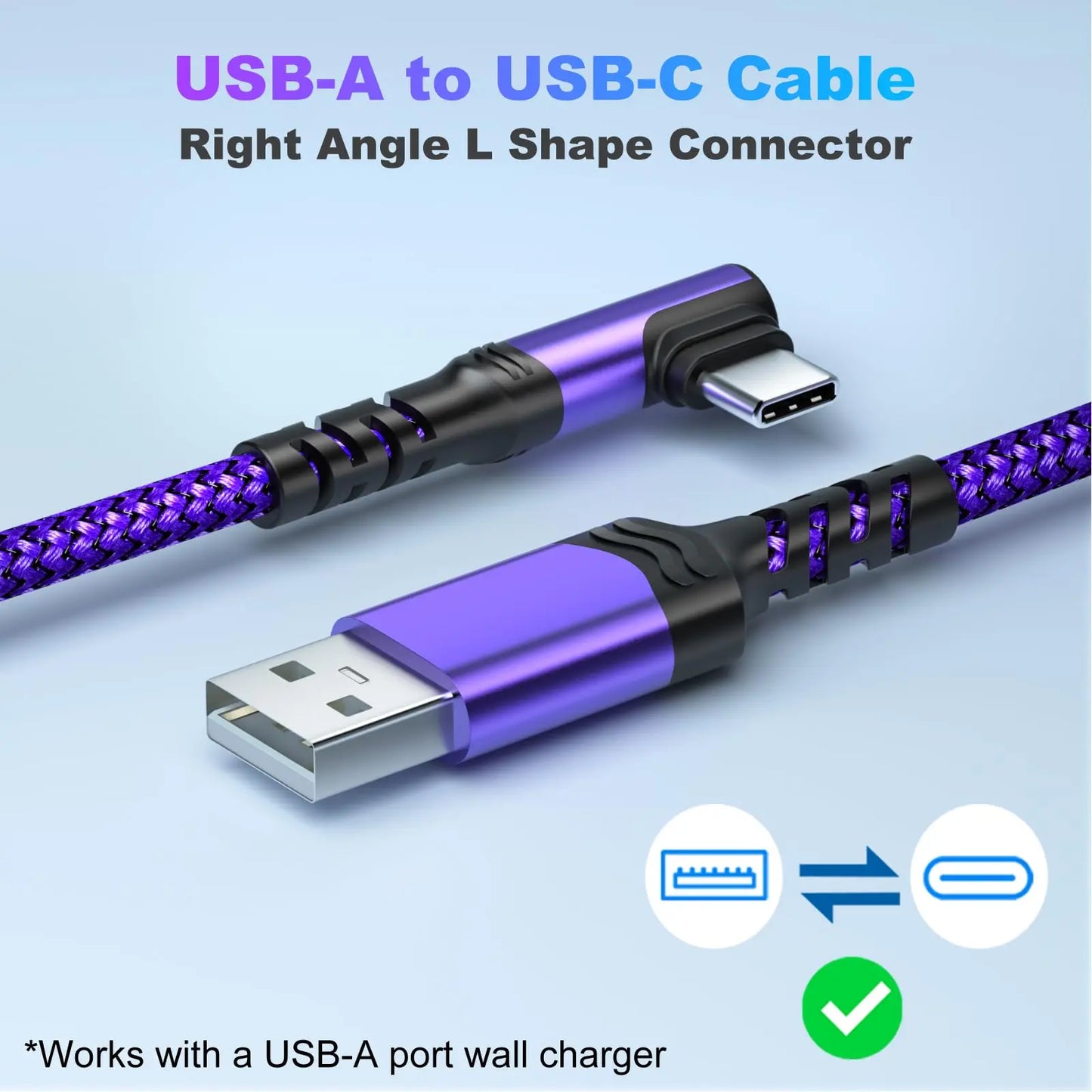 90-Degree USB-C Cable, USB-A to USB-C Right Angle Durable Nylon-Braided Fast Charging Cable for Iphone 16 Pro Max, Samsung Galaxy S24 Ultra and Ipad Air 6, Portable Type-C Charging Line