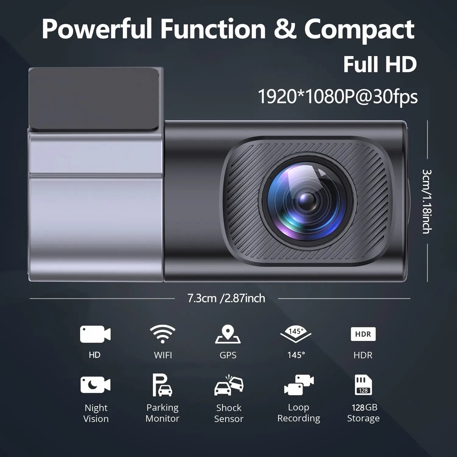 Ultra Slim 1080P FHD Dashcam for Cars, Car Driving Recorder with Wi-Fi App Control, Night Vision, 24-Hour Parking Mode, Loop Recording, G Sensor, 145-Degree Wide Angle, HDR, 128GB Support, Compact Mini for Trucks, Road Safety, Camera Accessories