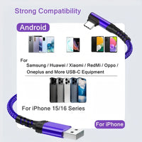 90-Degree USB-C Cable, USB-A to USB-C Right Angle Durable Nylon-Braided Fast Charging Cable for Iphone 16 Pro Max, Samsung Galaxy S24 Ultra and Ipad Air 6, Portable Type-C Charging Line