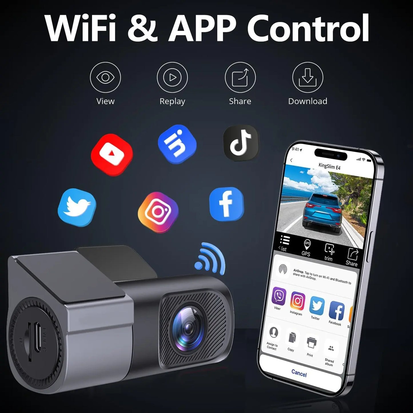 Ultra Slim 1080P FHD Dashcam for Cars, Car Driving Recorder with Wi-Fi App Control, Night Vision, 24-Hour Parking Mode, Loop Recording, G Sensor, 145-Degree Wide Angle, HDR, 128GB Support, Compact Mini for Trucks, Road Safety, Camera Accessories