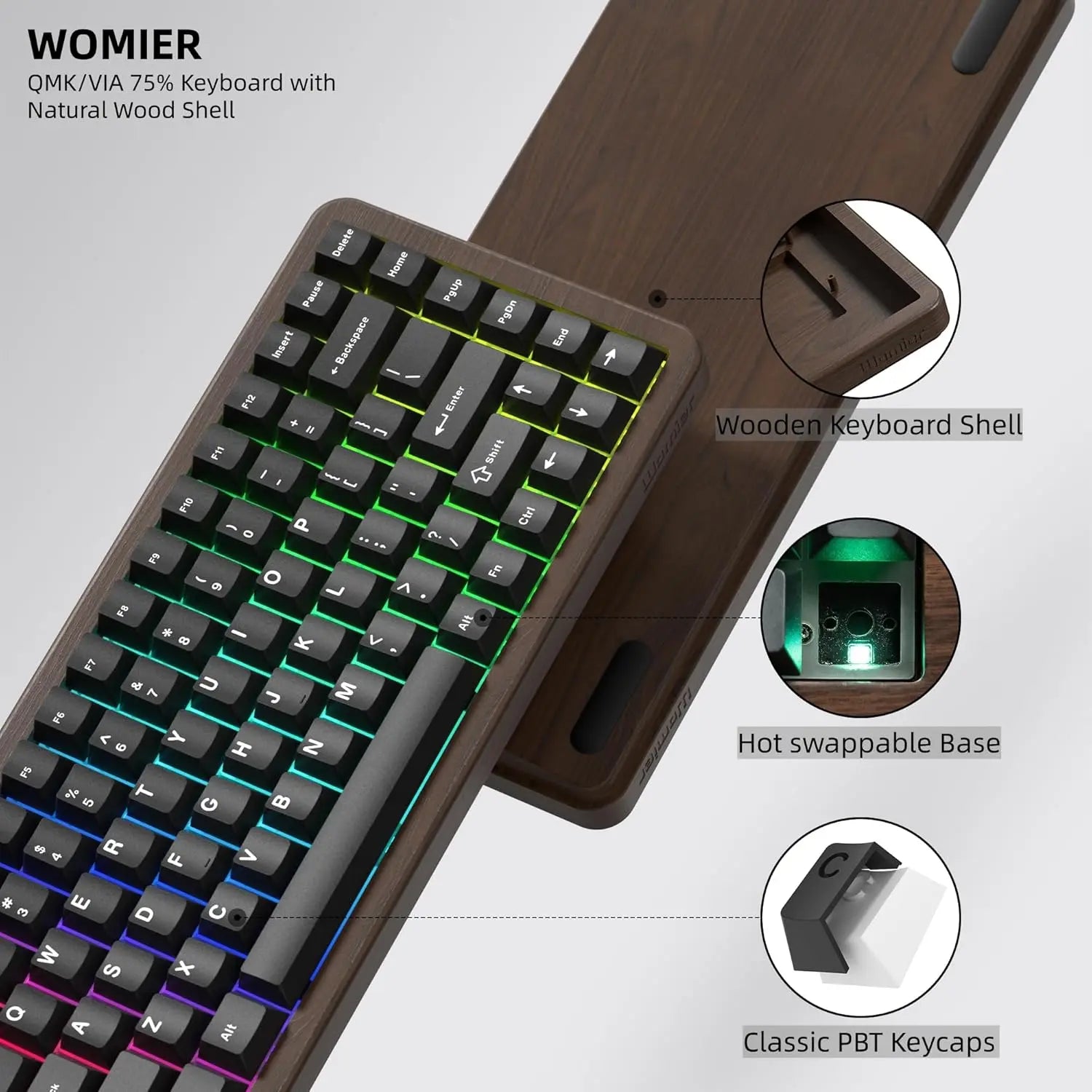 Womier WD75 V2 Wood 75% Mechanical Keyboard Wireless Gaming Keyboard with QMK/VIA