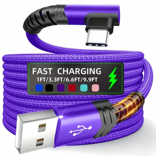 90-Degree USB-C Cable, USB-A to USB-C Right Angle Durable Nylon-Braided Fast Charging Cable for Iphone 16 Pro Max, Samsung Galaxy S24 Ultra and Ipad Air 6, Portable Type-C Charging Line