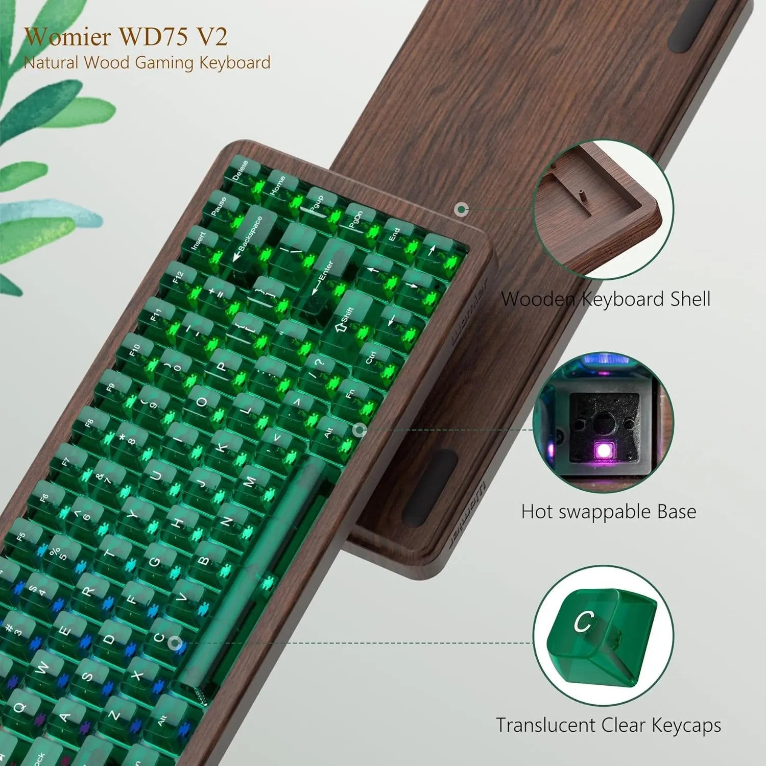 Womier WD75 V2 Wood 75% Mechanical Keyboard Wireless Gaming Keyboard with QMK/VIA